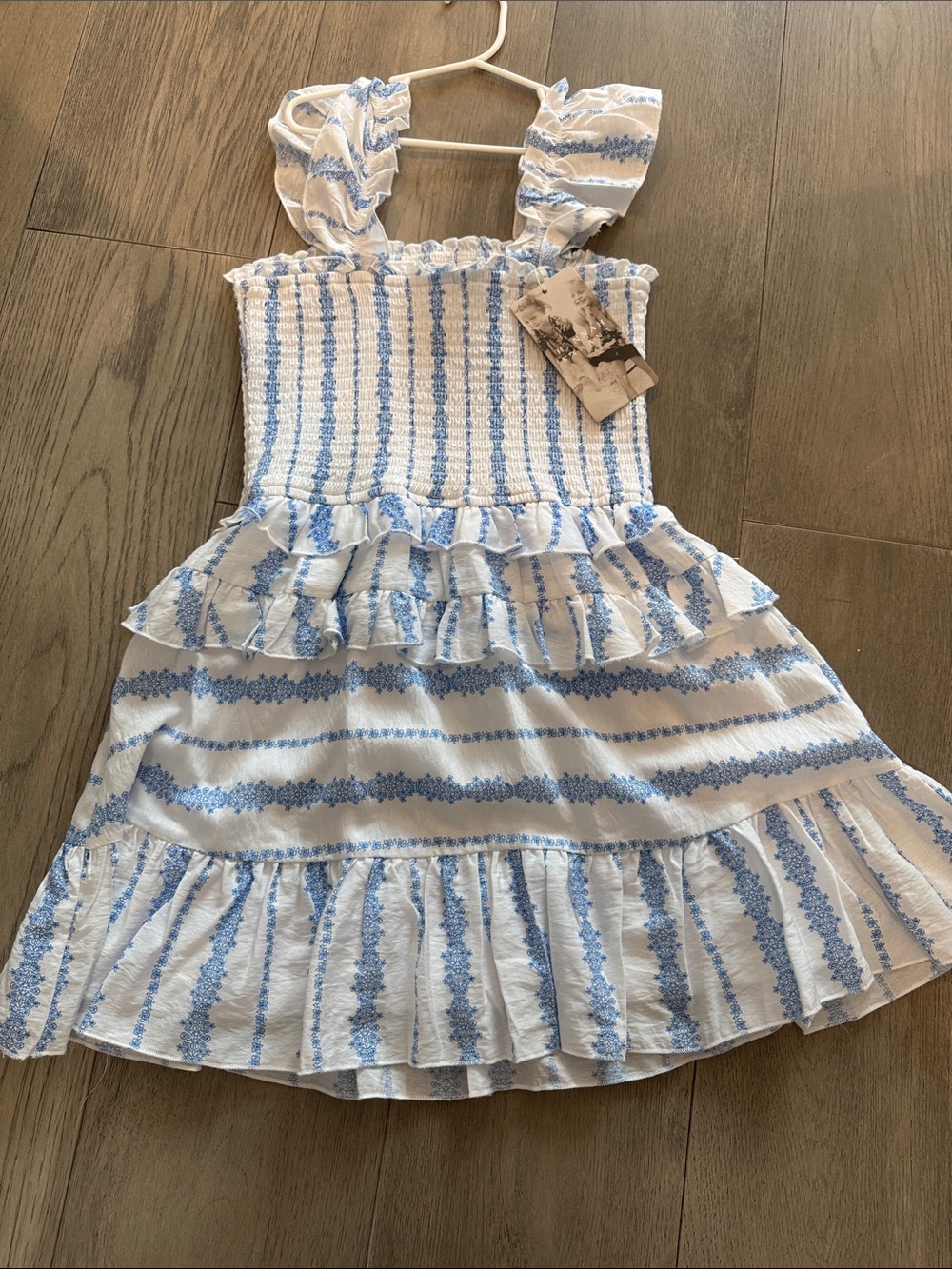 Hannah Banana White Dress with Light Blue Stripes and Ruffle Tiers